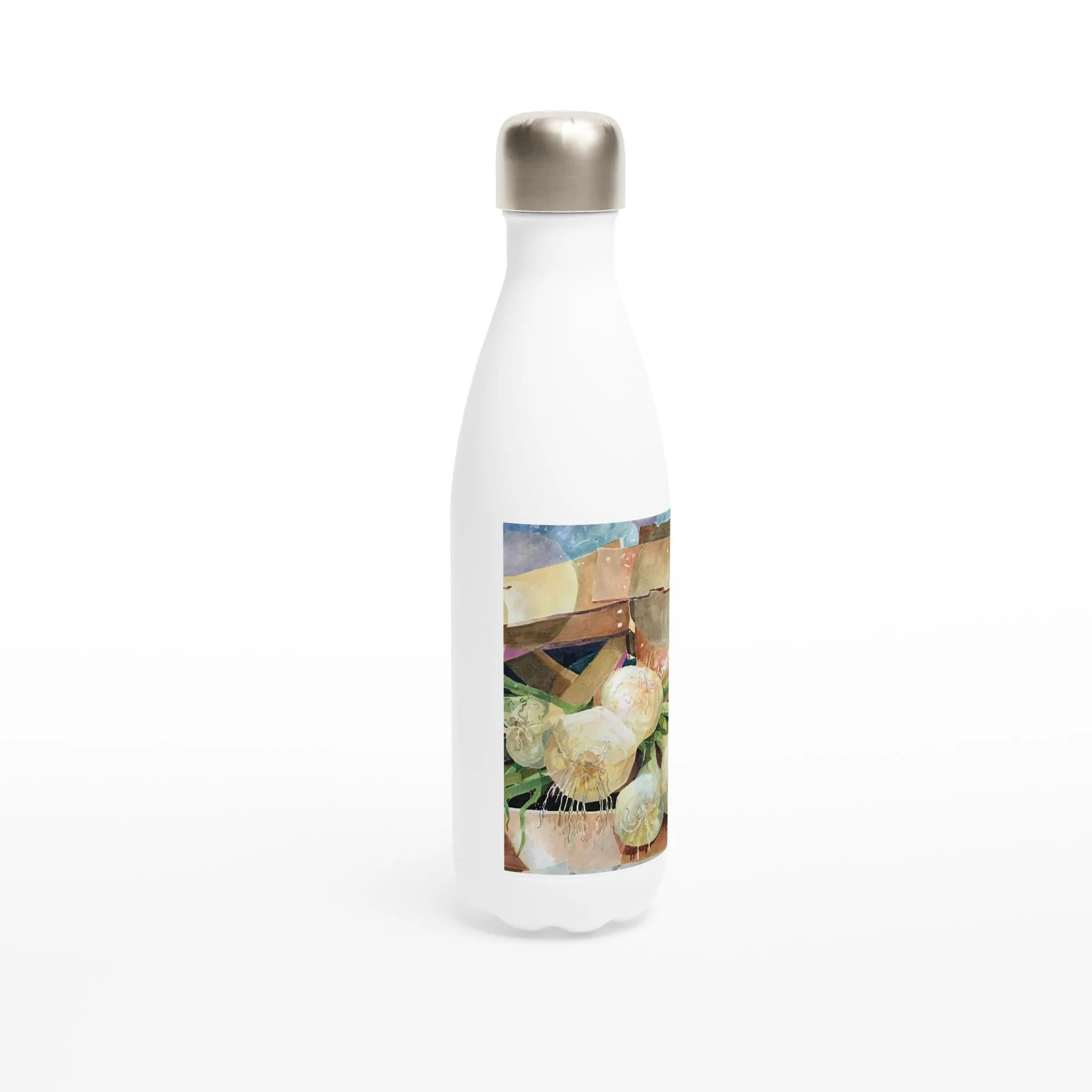 17oz White Stainless Steel Bottle with 'Onions' Watercolor Artwork by American Artist Barbara Cleary