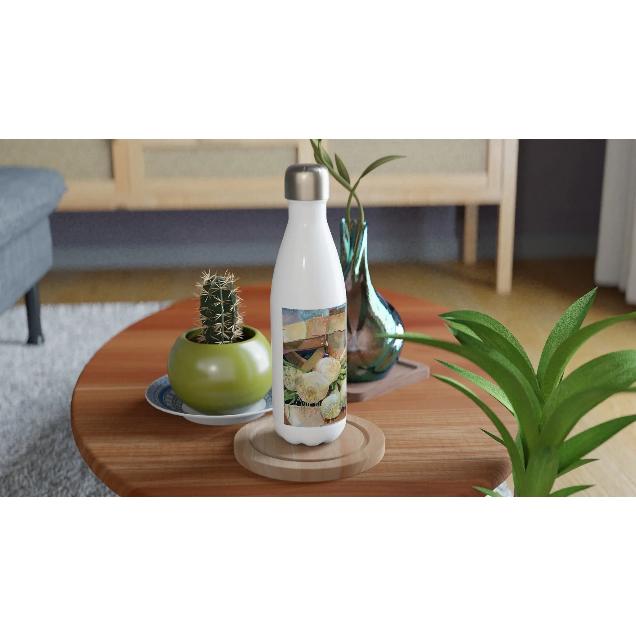 17oz White Stainless Steel Bottle with 'Onions' Watercolor Artwork by American Artist Barbara Cleary