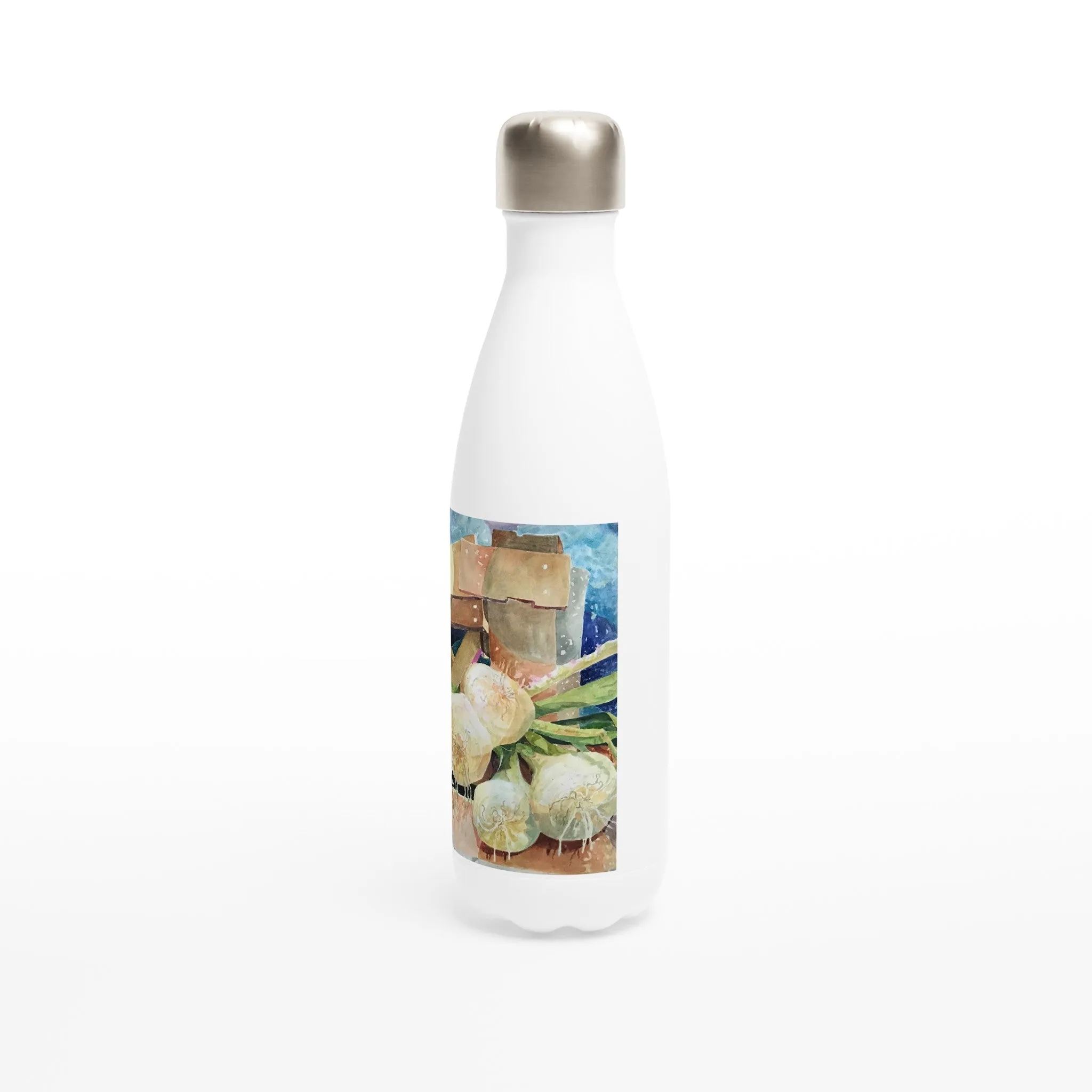17oz White Stainless Steel Bottle with 'Onions' Watercolor Artwork by American Artist Barbara Cleary
