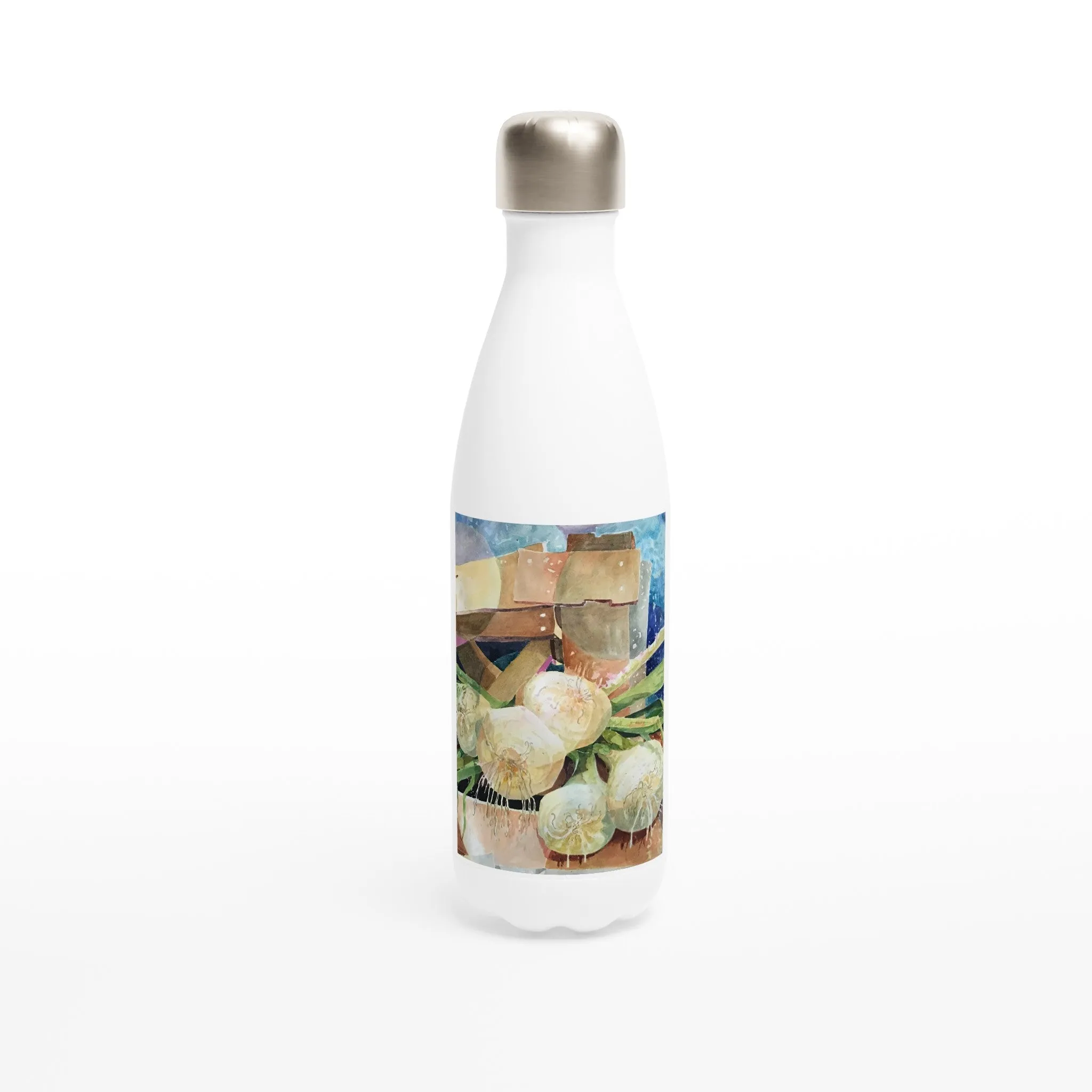 17oz White Stainless Steel Bottle with 'Onions' Watercolor Artwork by American Artist Barbara Cleary