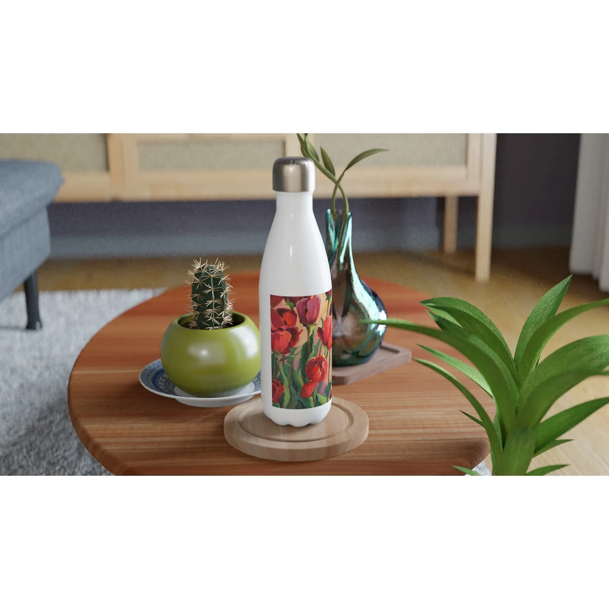 17oz White Stainless Steel Bottle with 'Tulips' Floral Artwork by American Artist Barbara Cleary