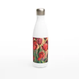 17oz White Stainless Steel Bottle with 'Tulips' Floral Artwork by American Artist Barbara Cleary