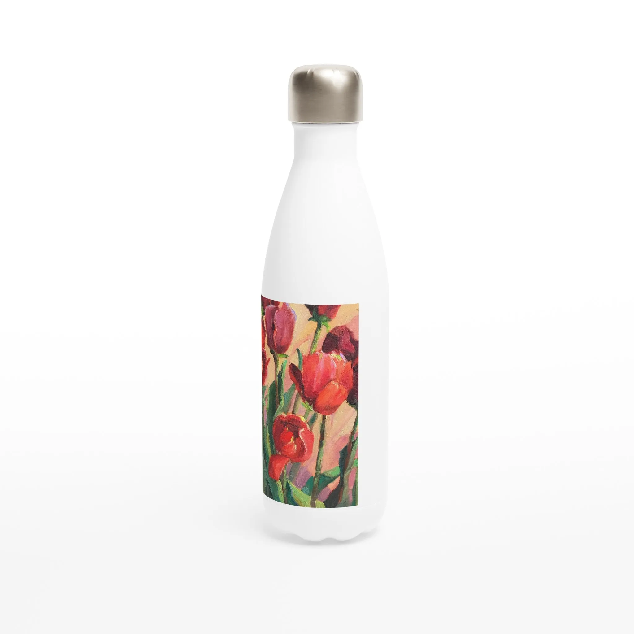 17oz White Stainless Steel Bottle with 'Tulips' Floral Artwork by American Artist Barbara Cleary