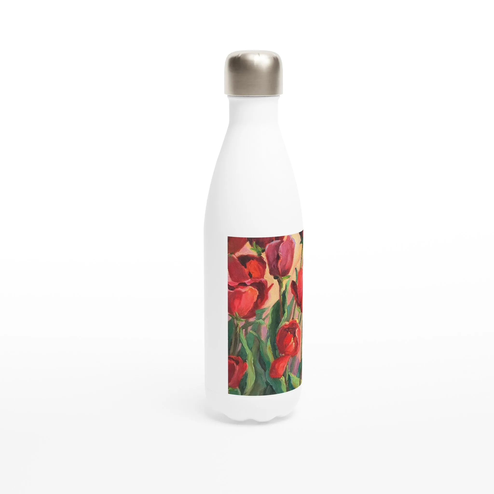 17oz White Stainless Steel Bottle with 'Tulips' Floral Artwork by American Artist Barbara Cleary