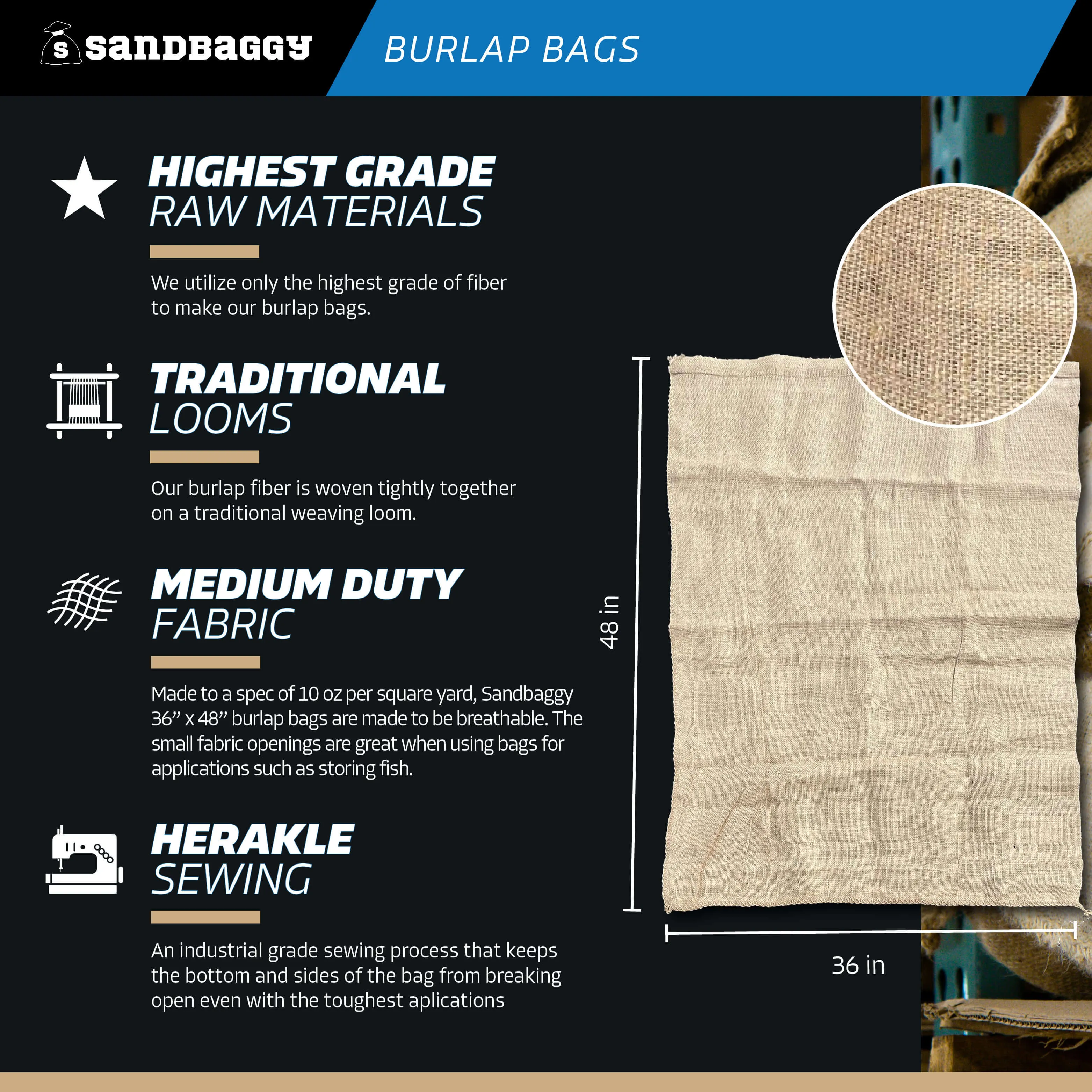 36" x 48" Extra Large Burlap Bags (200 Lb Capacity) - Food Grade
