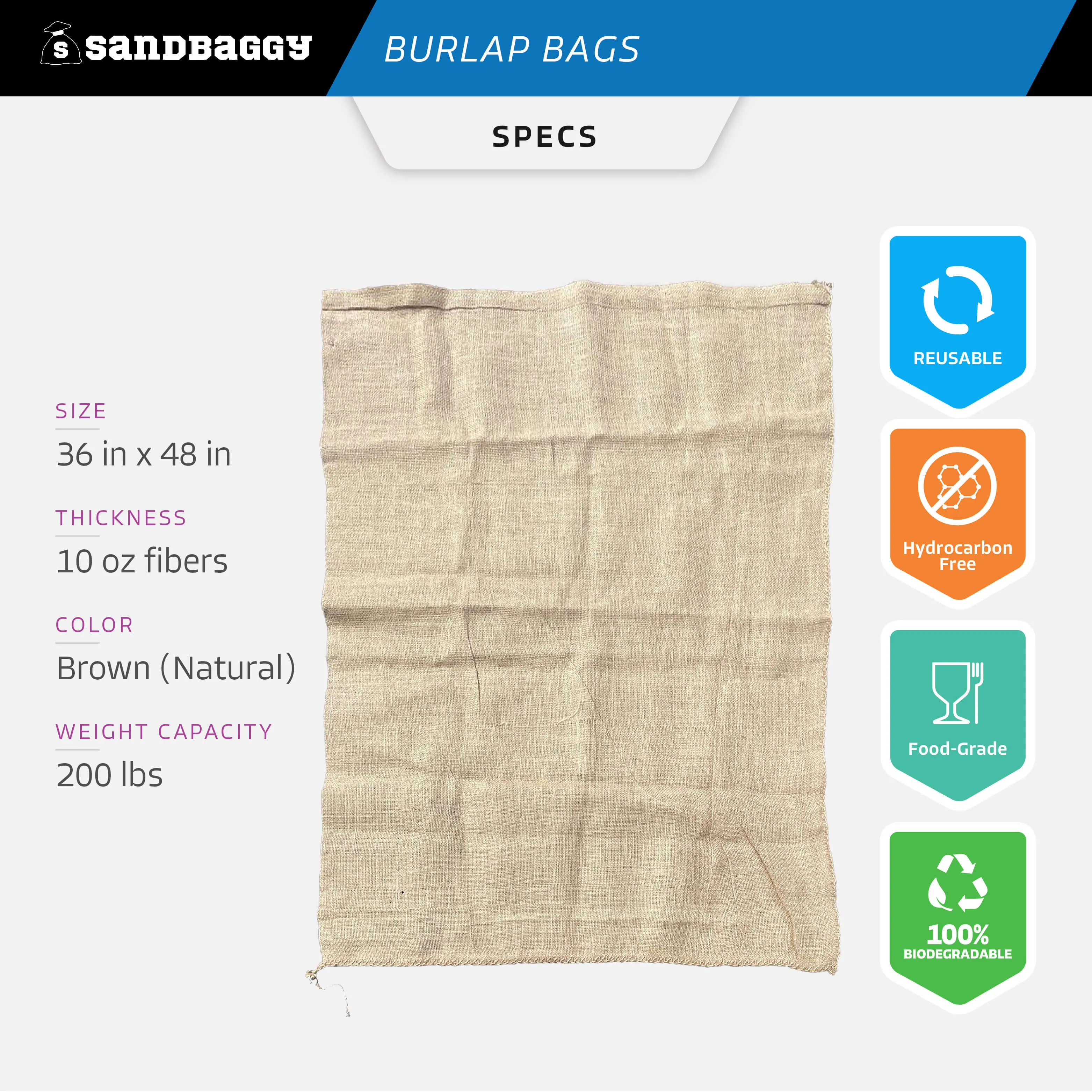 36" x 48" Extra Large Burlap Bags (200 Lb Capacity) - Food Grade