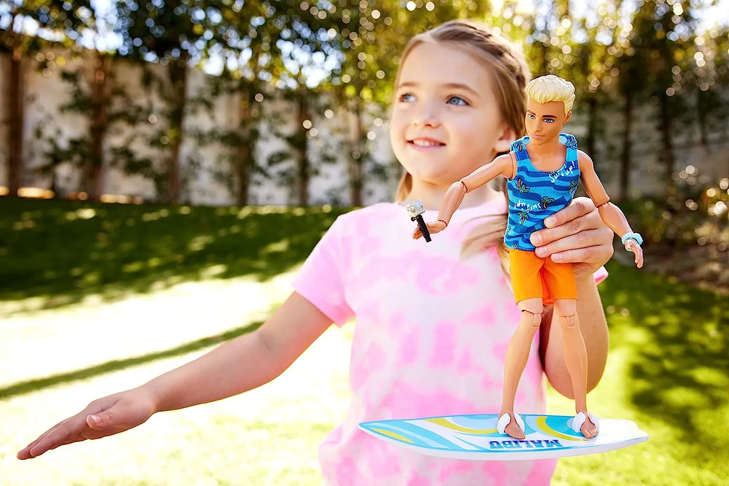 Barbie Poseable Blonde Ken Beach Doll with Surfboard and Pet Puppy & Themed Accessories