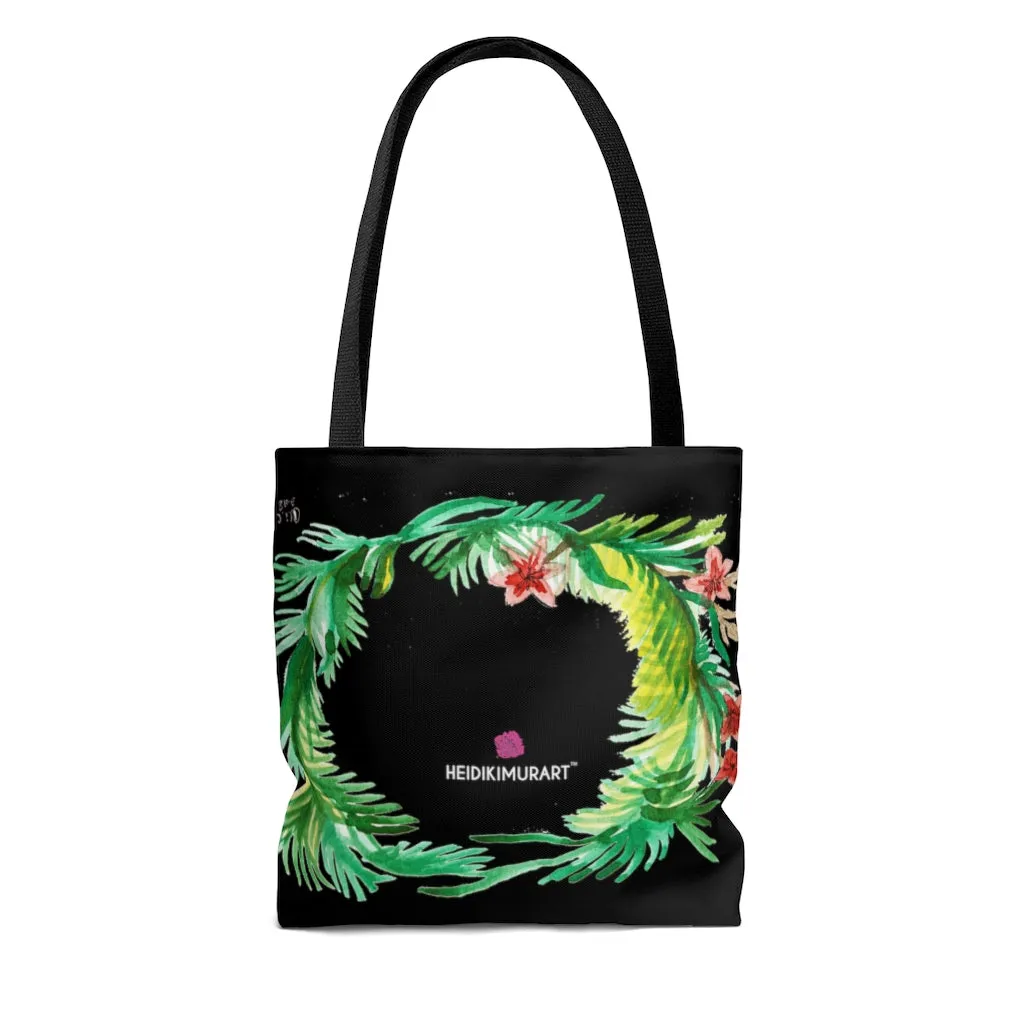 Black Floral Tote Bag, Fall Themed Flower Print 13"x13", 16"x16", 18"x18" Casual Tote Bag For Women-Made in USA