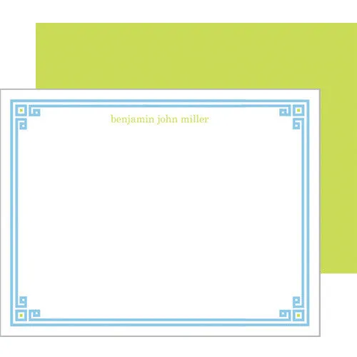 Blue   Chartreuse Greek Key Border Personalized Flat Notecards