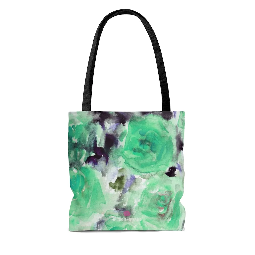 Blue Floral Rose Tote Bag, Floral Print Premium Square 13"x13", 16"x16", 18"x18" Premium Quality Market Tote Bag - Made in USA