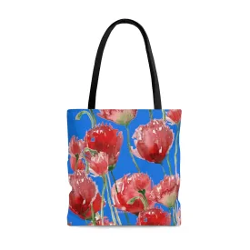 Blue Red Tulips Tote Bag, Sky Blue Pacific Northwest Red Tulip Flower Floral Designer Tote Bag - Made in USA