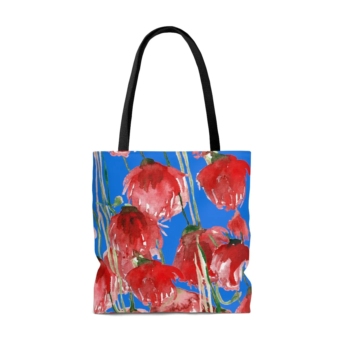 Blue Red Tulips Tote Bag, Sky Blue Pacific Northwest Red Tulip Flower Floral Designer Tote Bag - Made in USA