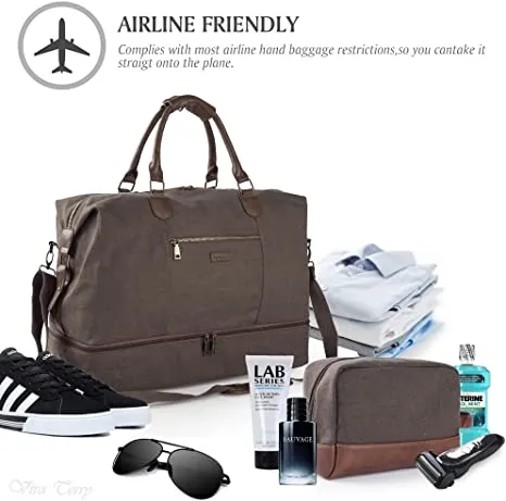 Canvas Travel Tote Luggage Men's Weekender Duffle Bag with Shoe compartment and Toiletry Bag (Chocolate)
