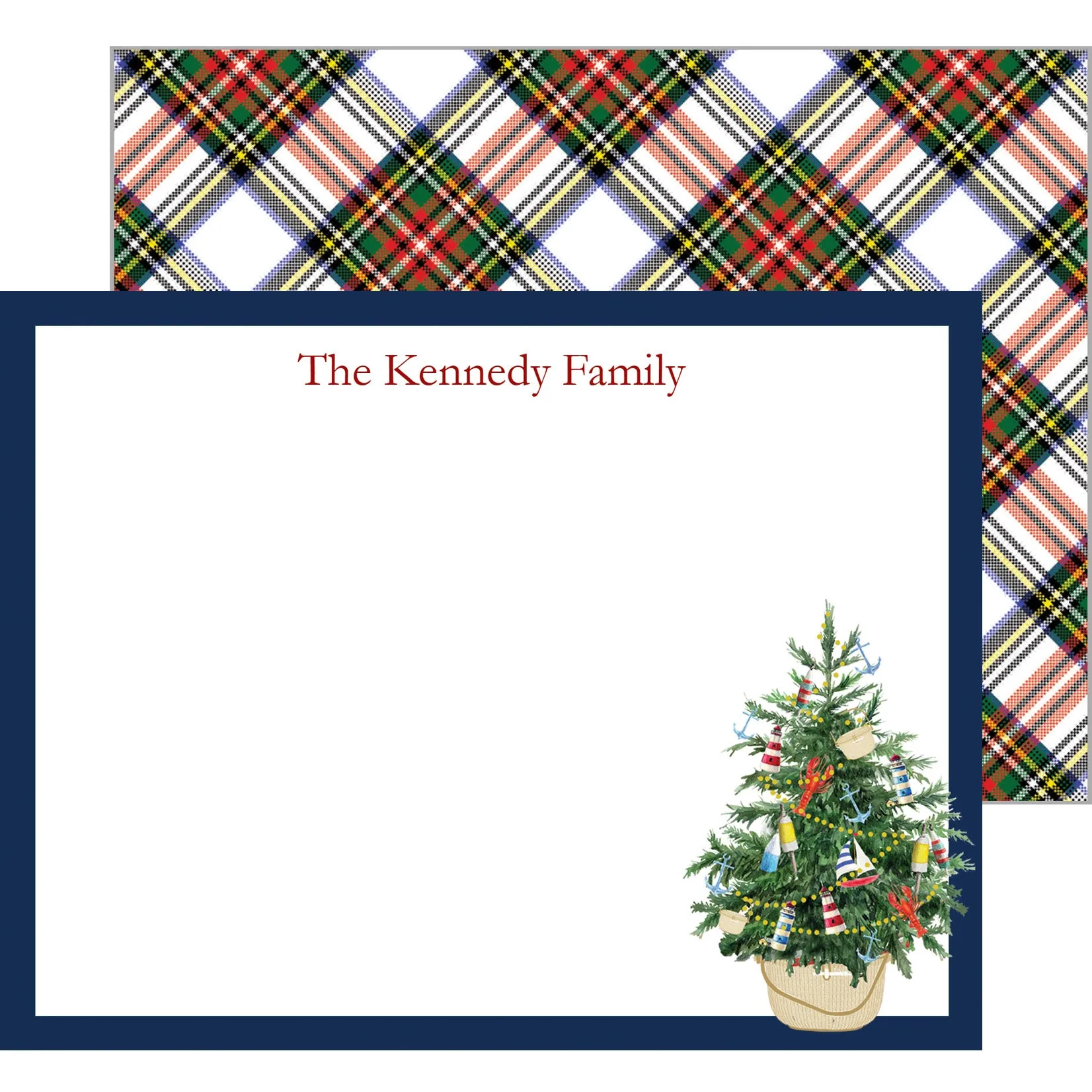 Coastal Christmas Tree in a Nantucket Basket Personalized Flat Notecard