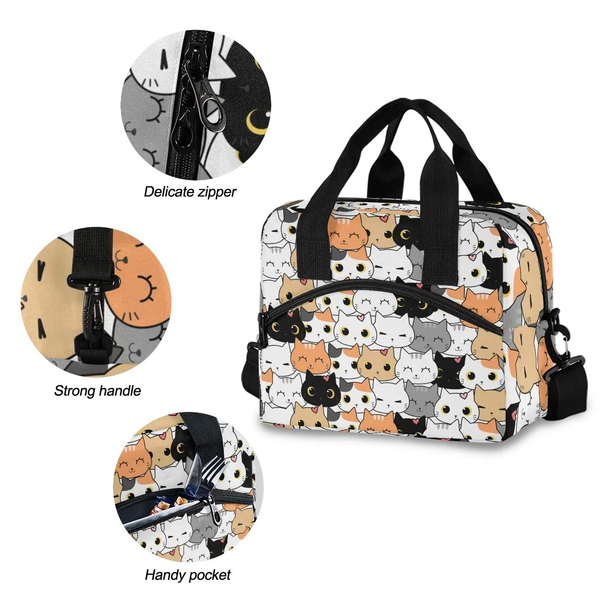 Cute Cats Insulated Lunch Bag Adjustable Shoulder Strap