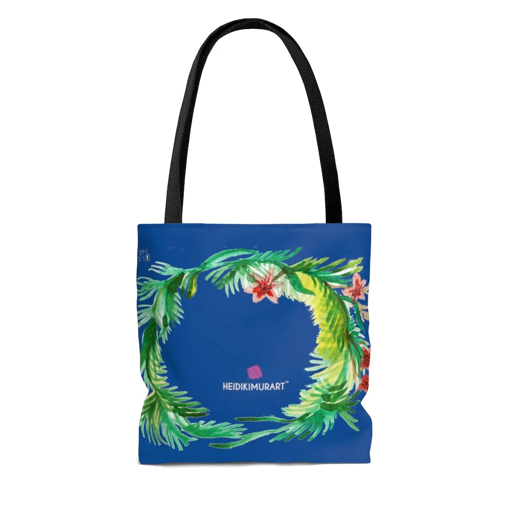 Dark Blue Floral Tote Bag, Flower Print Colorful Square 13"x13", 16"x16", 18"x18" Premium Quality Market Tote Bag - Made in USA