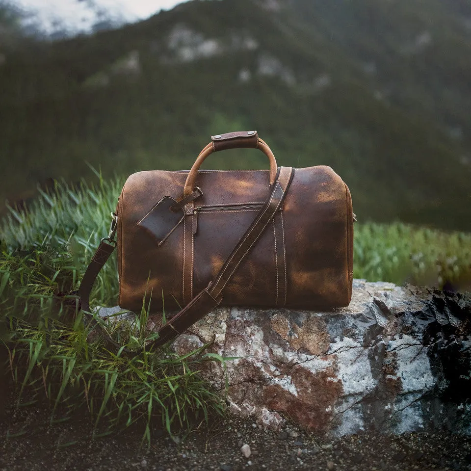 Dazzlo Weekender Top Grain Leather Duffel Bag 30L - Antique Brown/Dark Walnut - 20"