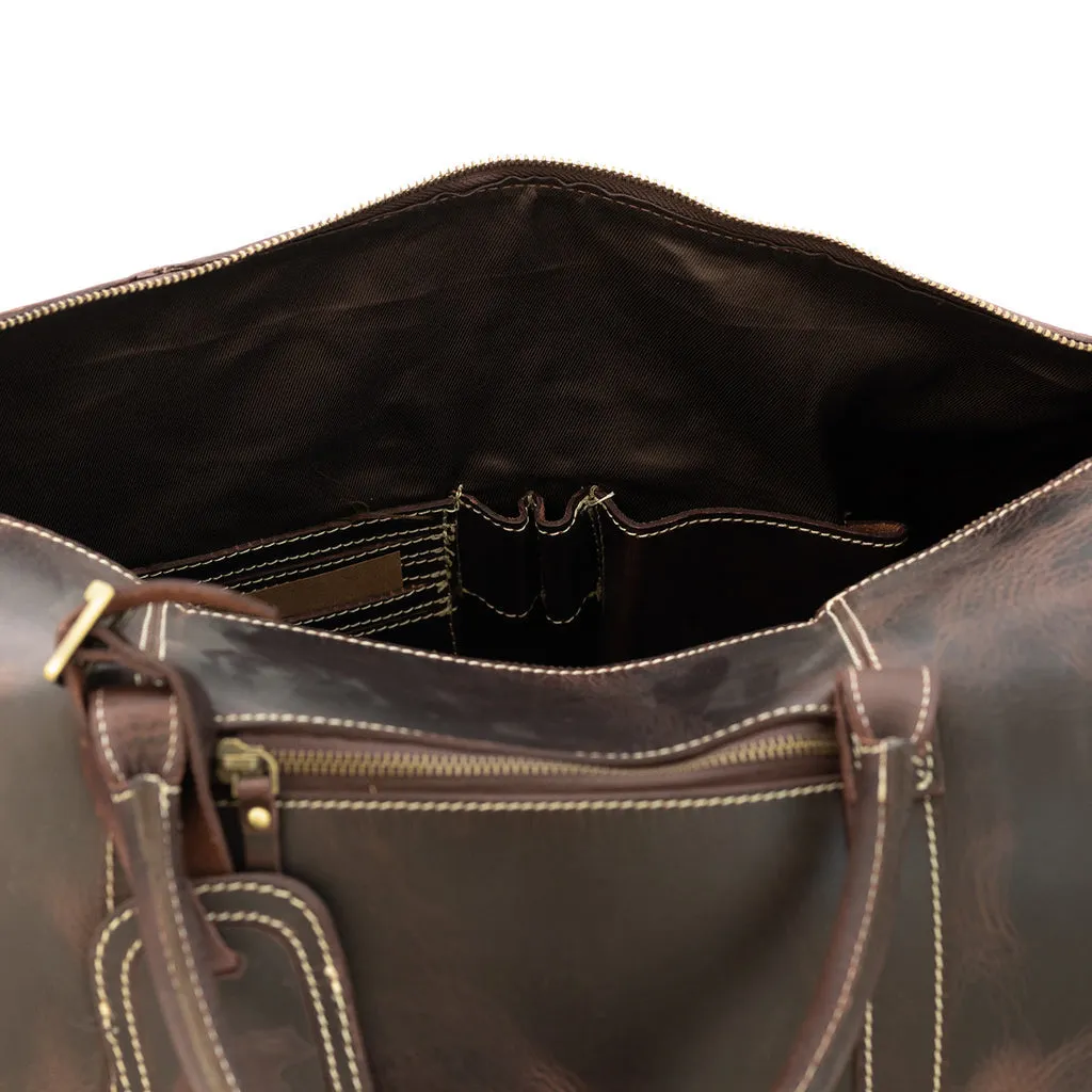 Dazzlo Weekender Top Grain Leather Duffel Bag 30L - Antique Brown/Dark Walnut - 20"