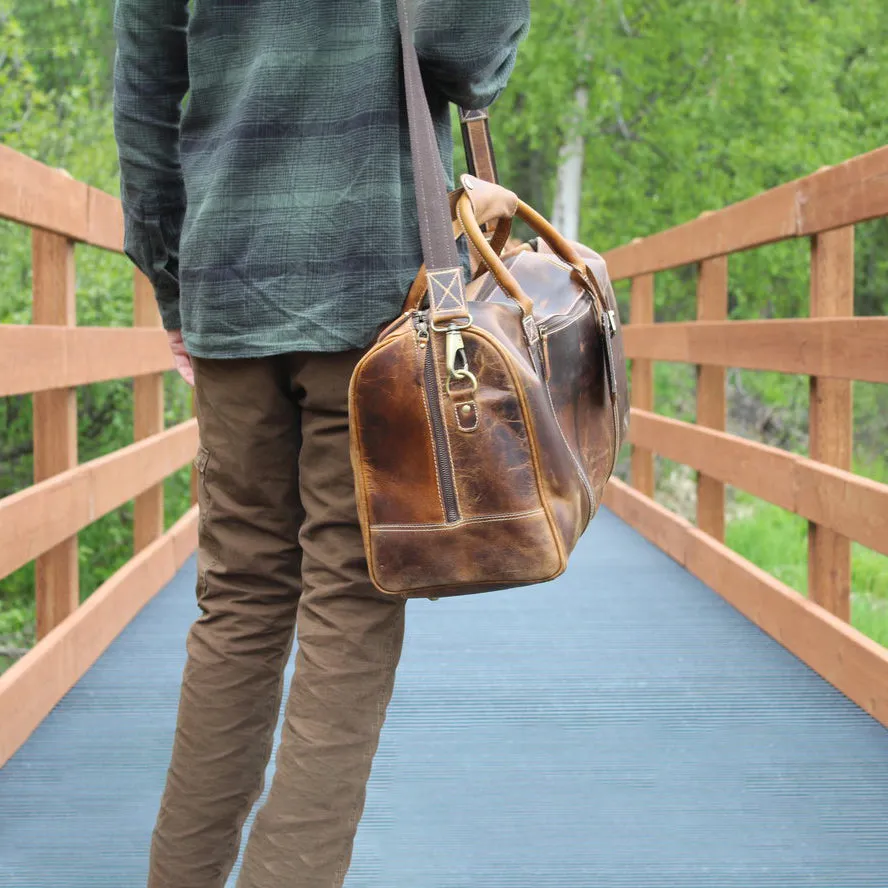 Dazzlo Weekender Top Grain Leather Duffel Bag 30L - Antique Brown/Dark Walnut - 20"