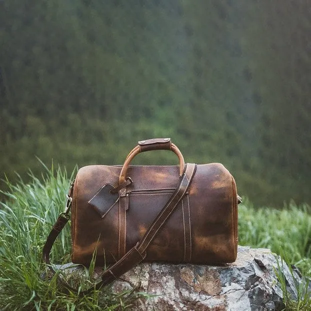 Dazzlo Weekender Top Grain Leather Duffel Bag 30L - Antique Brown/Dark Walnut - 20"
