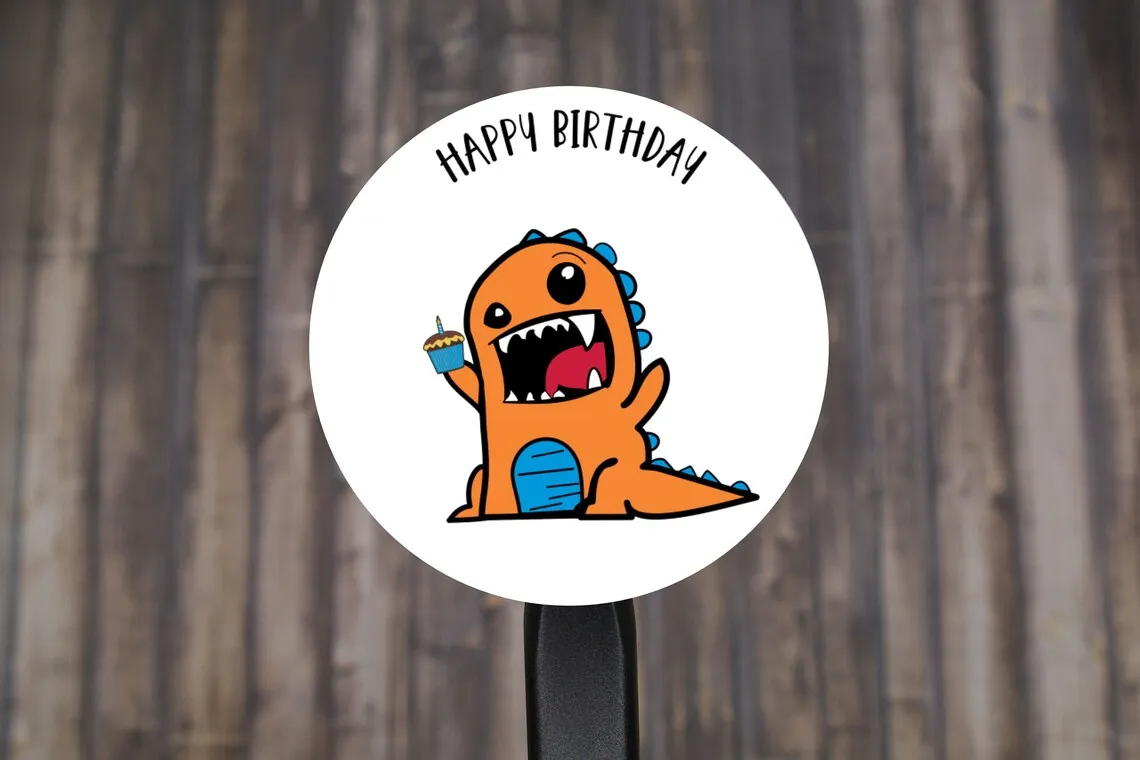 Dinosaur Happy Birthday Round Stickers, Gift Card Envelope Seals, Gift Wrap Stickers,  2" Circle Stickers | Set of 12