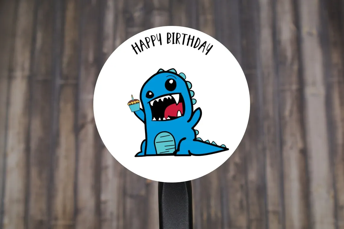 Dinosaur Happy Birthday Round Stickers, Gift Card Envelope Seals, Gift Wrap Stickers,  2" Circle Stickers | Set of 12