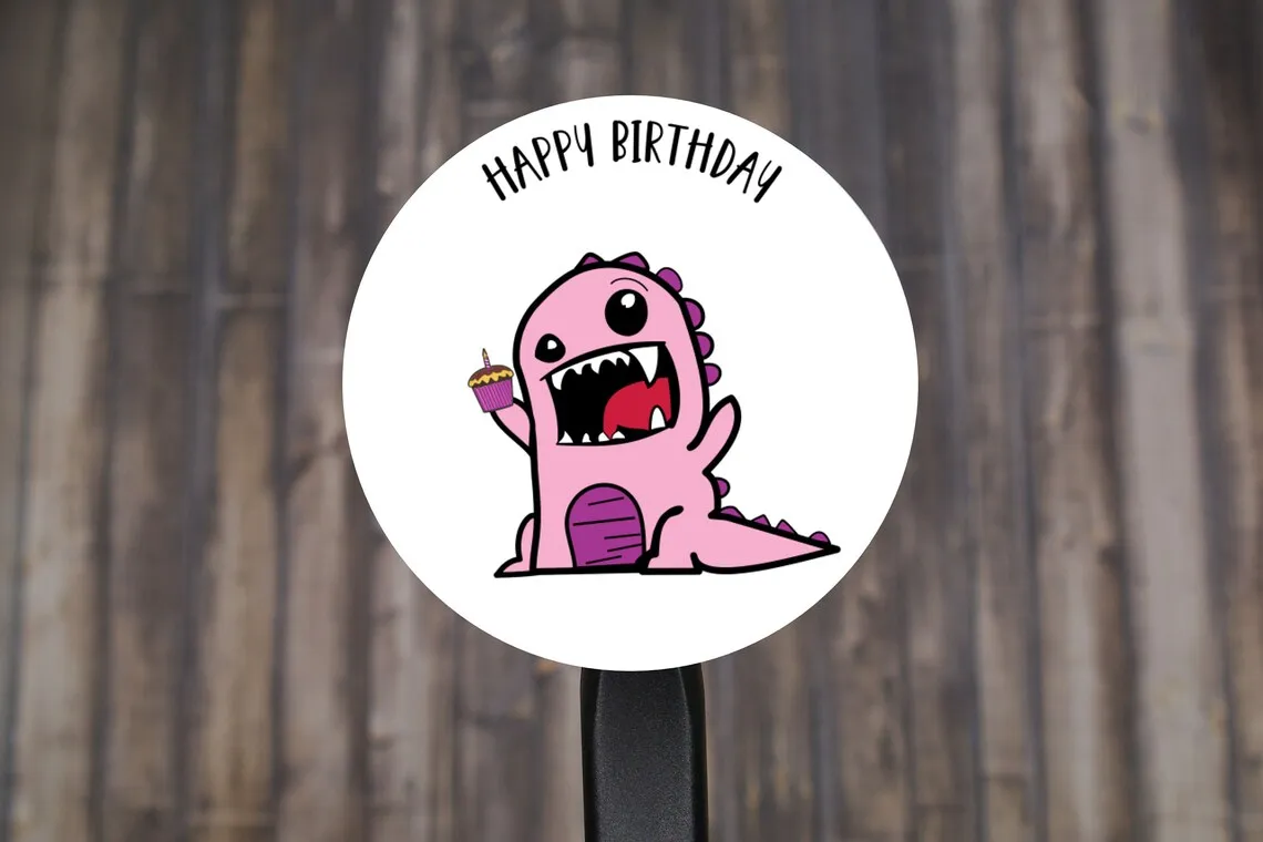 Dinosaur Happy Birthday Round Stickers, Gift Card Envelope Seals, Gift Wrap Stickers,  2" Circle Stickers | Set of 12