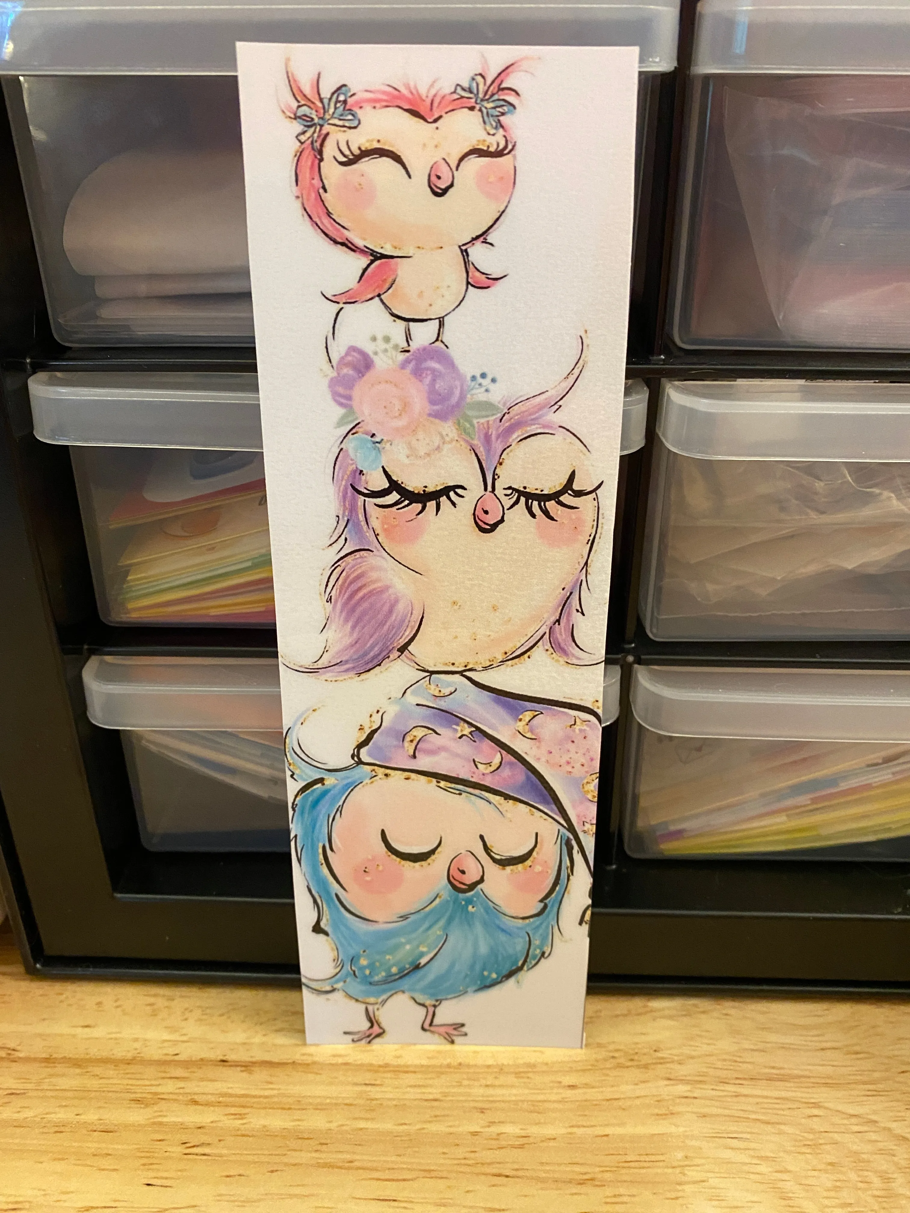 Double Sided Owl Family with Roses Bookmark