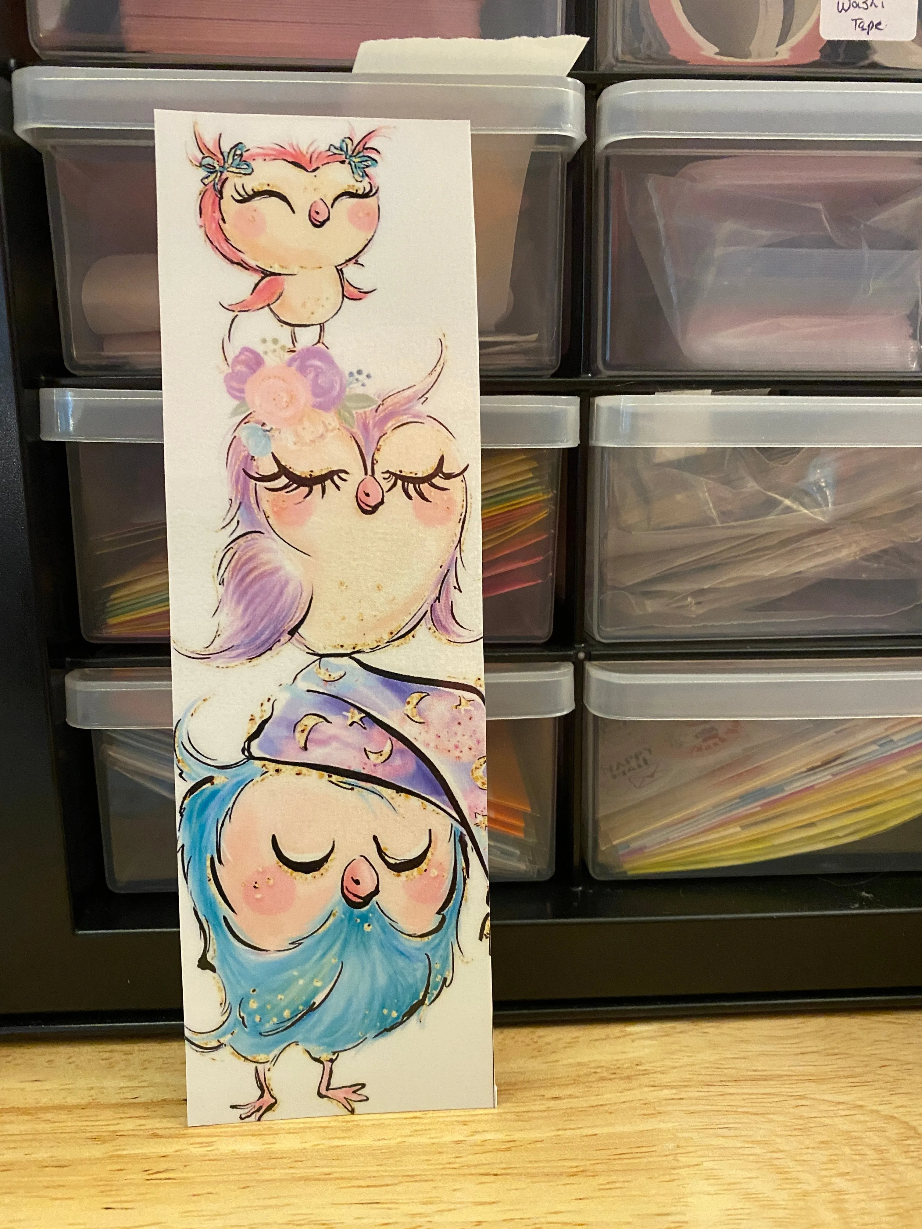 Double Sided Owl Family with Roses Bookmark