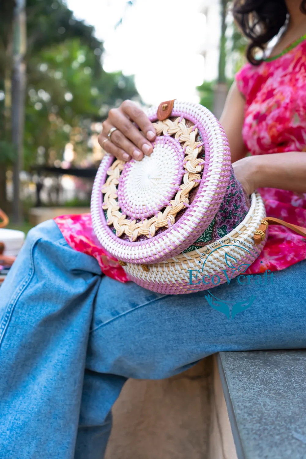 Eco Bliss Pink & White Round Sling  Bag
