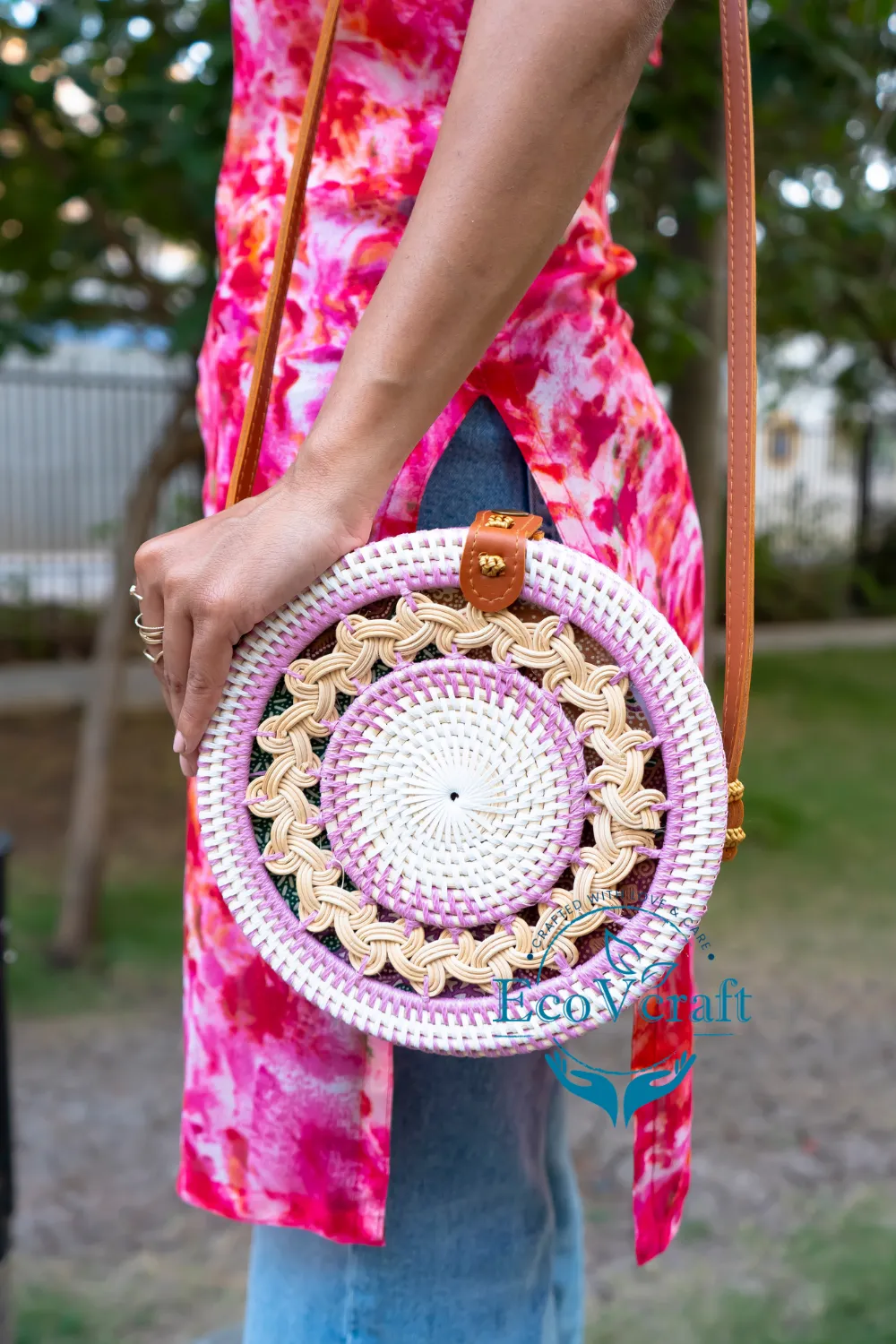 Eco Bliss Pink & White Round Sling  Bag