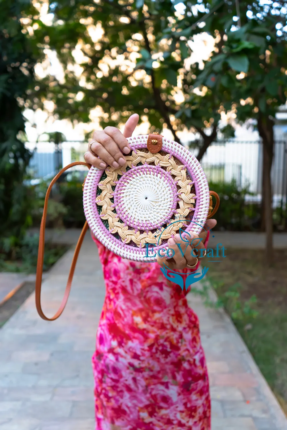 Eco Bliss Pink & White Round Sling  Bag