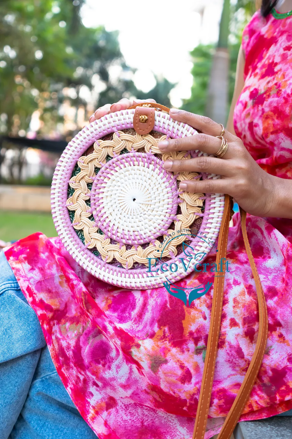 Eco Bliss Pink & White Round Sling  Bag