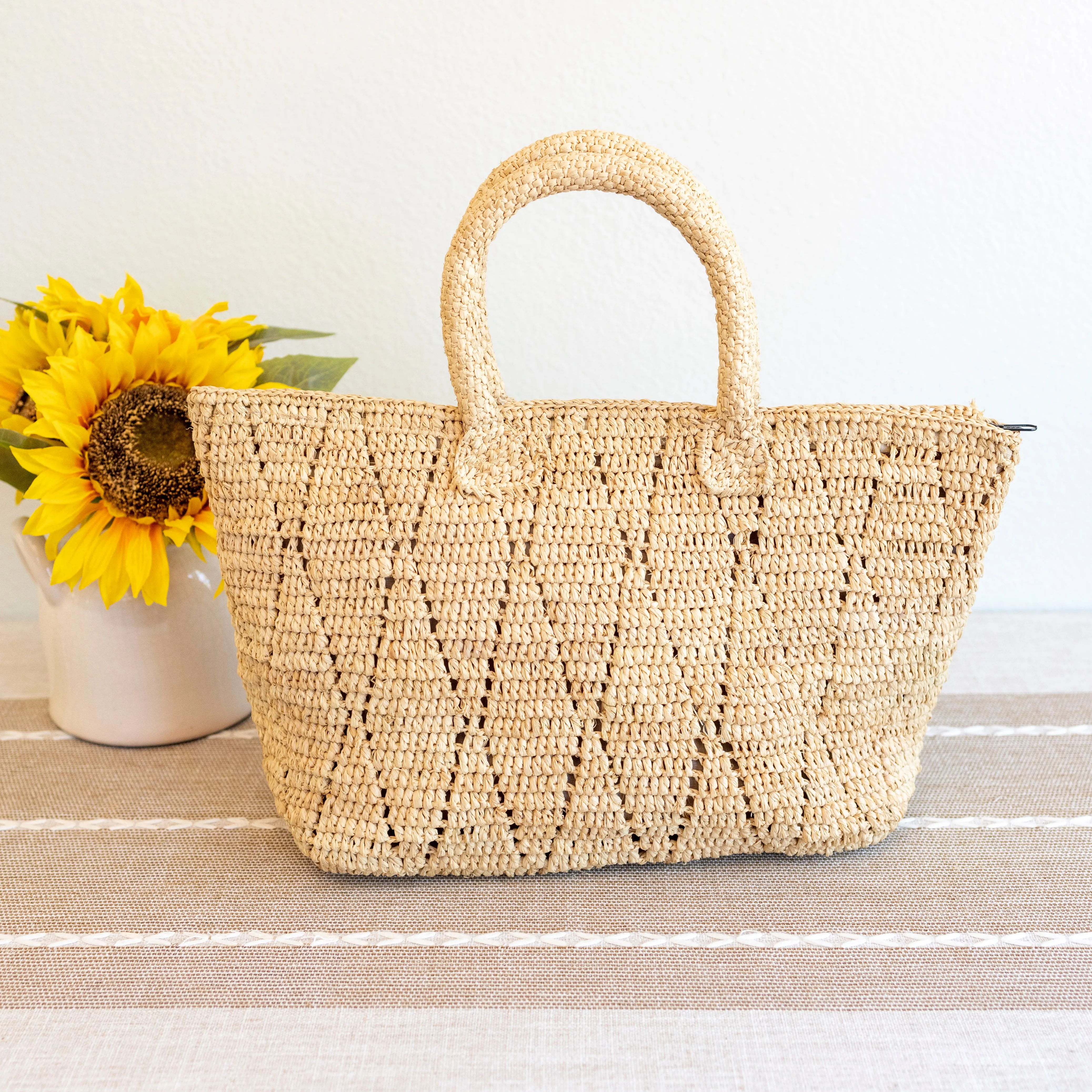 Elena Handbags Hand Woven Fashion Raffia Top Handle Beach Bag