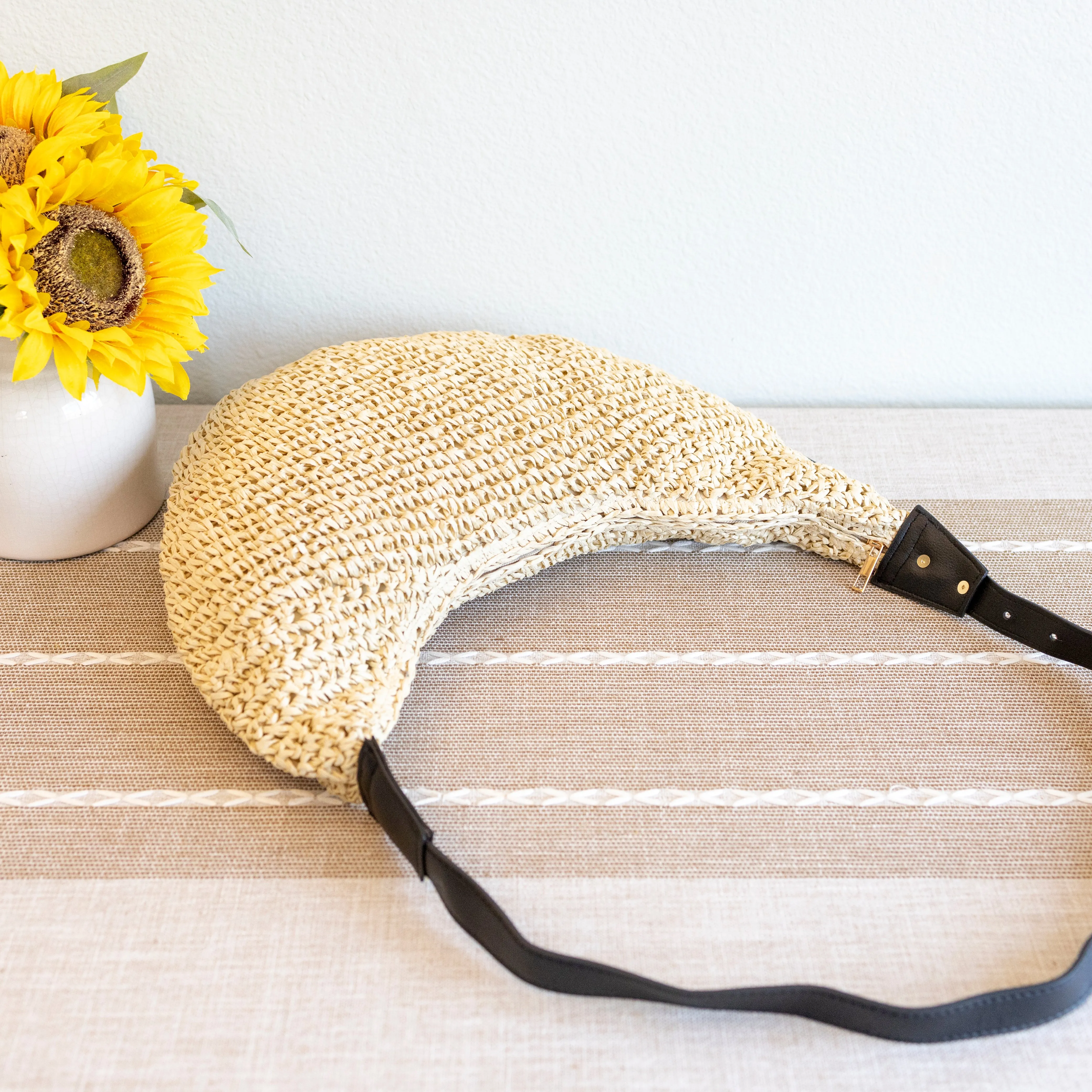 Elena Handbags Medium Size Straw Croissant Crossbody Bag