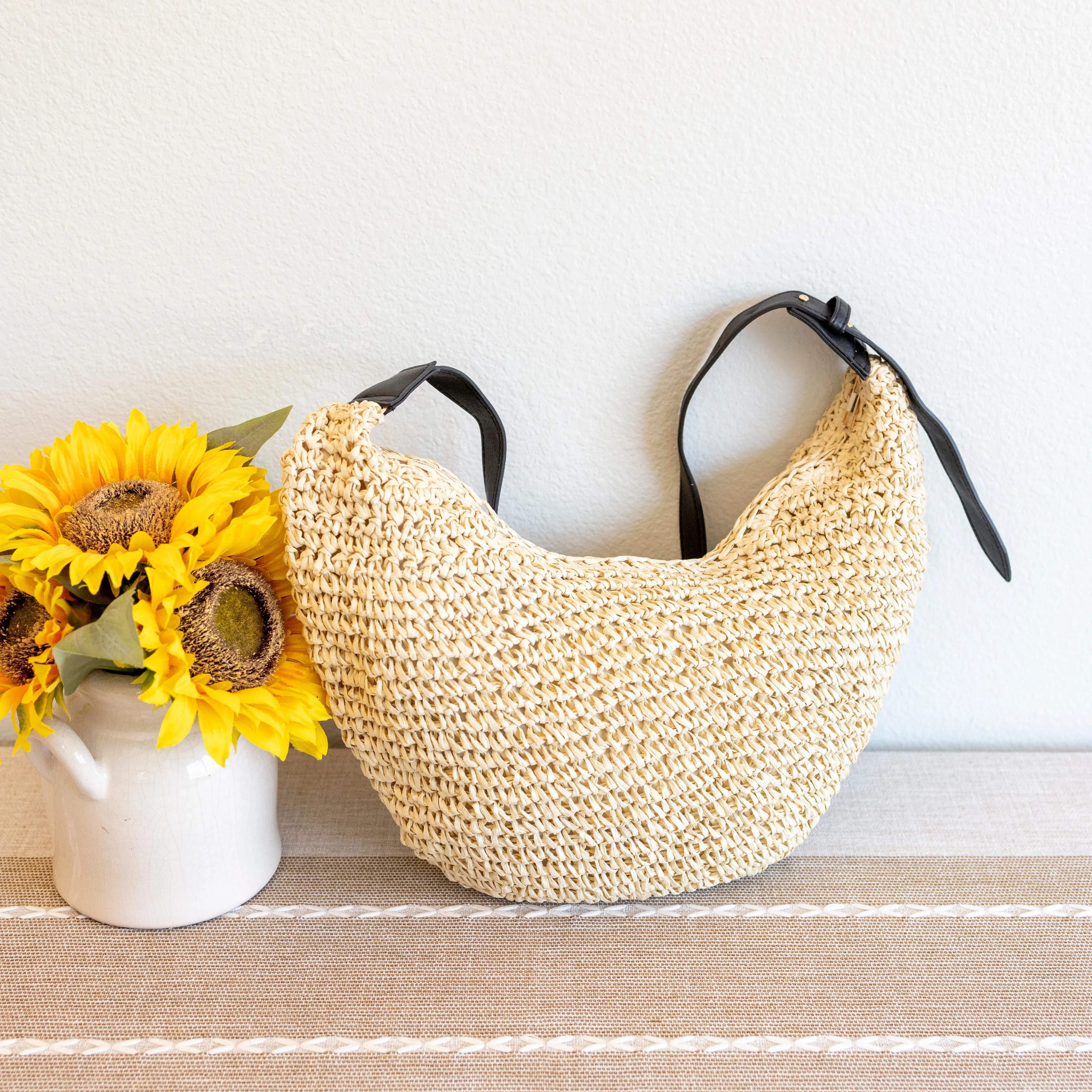 Elena Handbags Medium Size Straw Croissant Crossbody Bag
