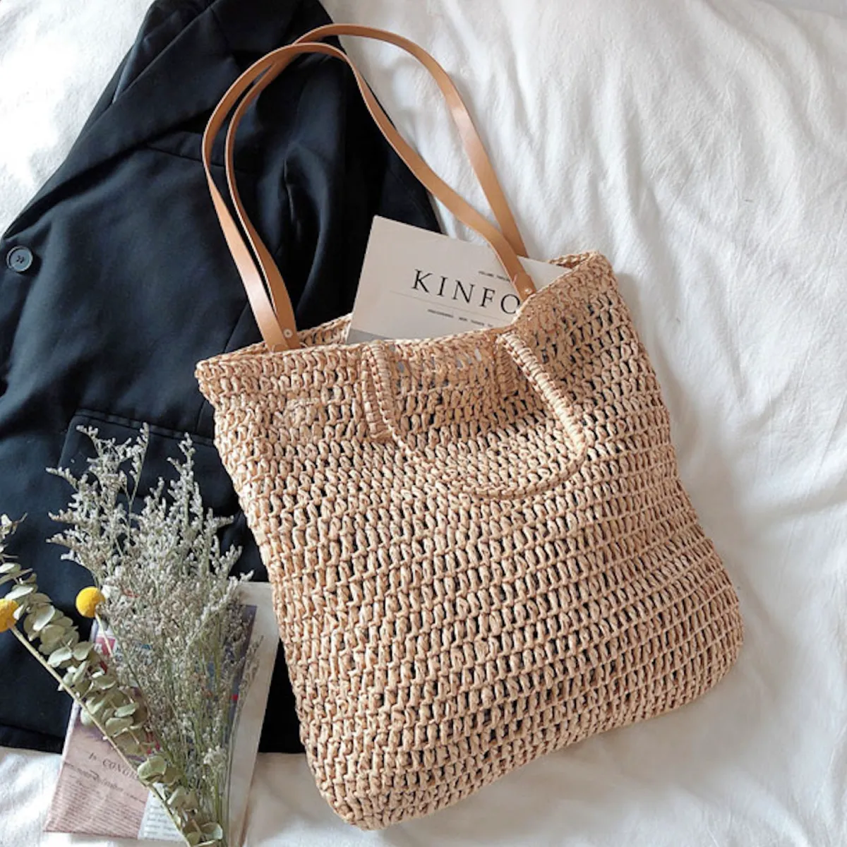 Elena Handbags Minimalistic Straw Woven Tote Bag