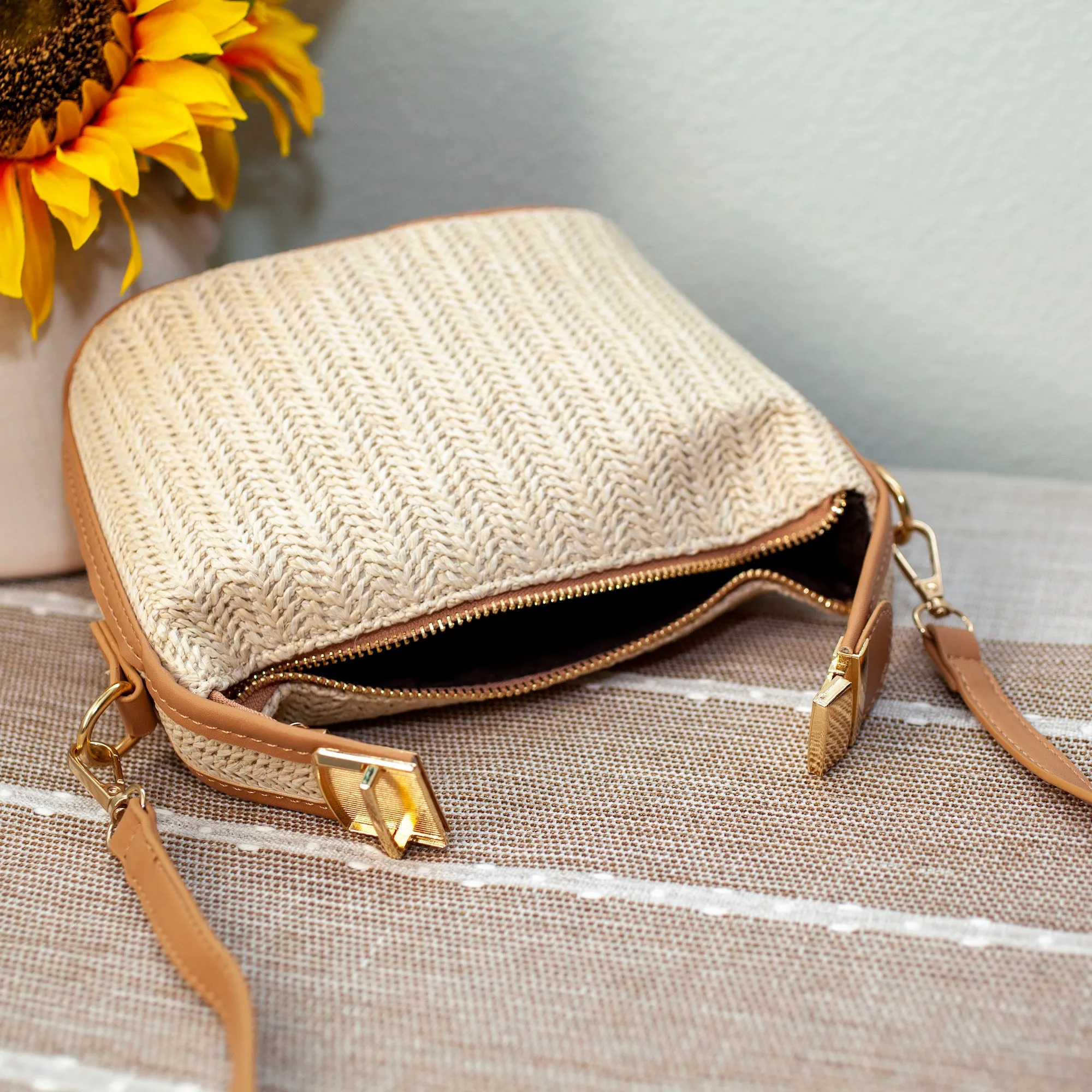 Elena Handbags Straw Woven Purse with Leather Accent