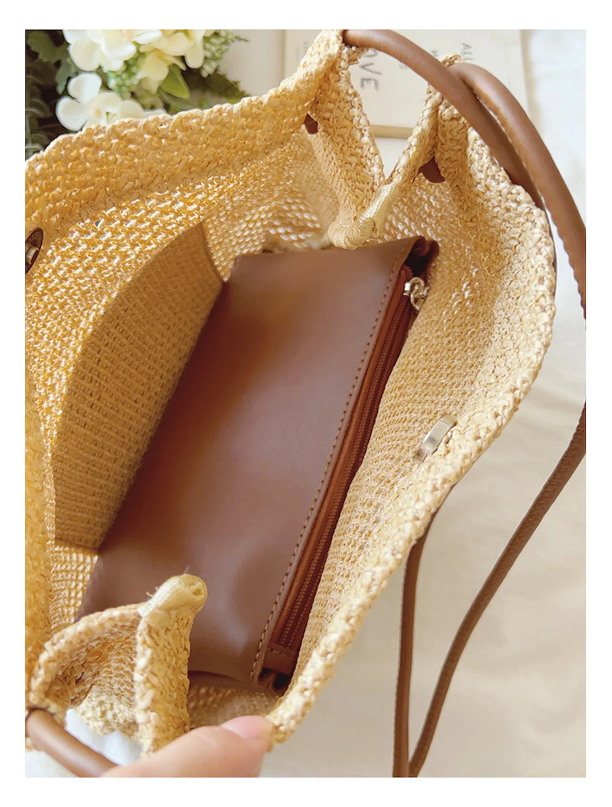 Elena Handbags Straw Woven Shoulder Bag with Leather Accent