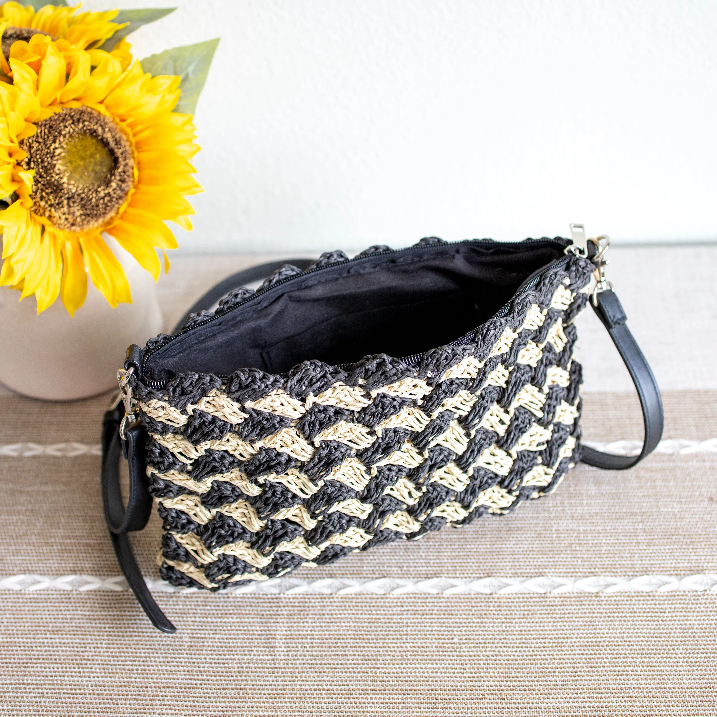 Elena Handbags Straw Woven Striped Crossbody Bag