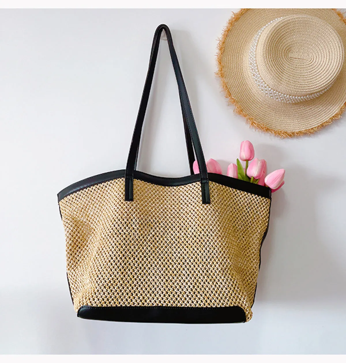 Elena Handbags Straw Woven Tote Bag with Leather Trims