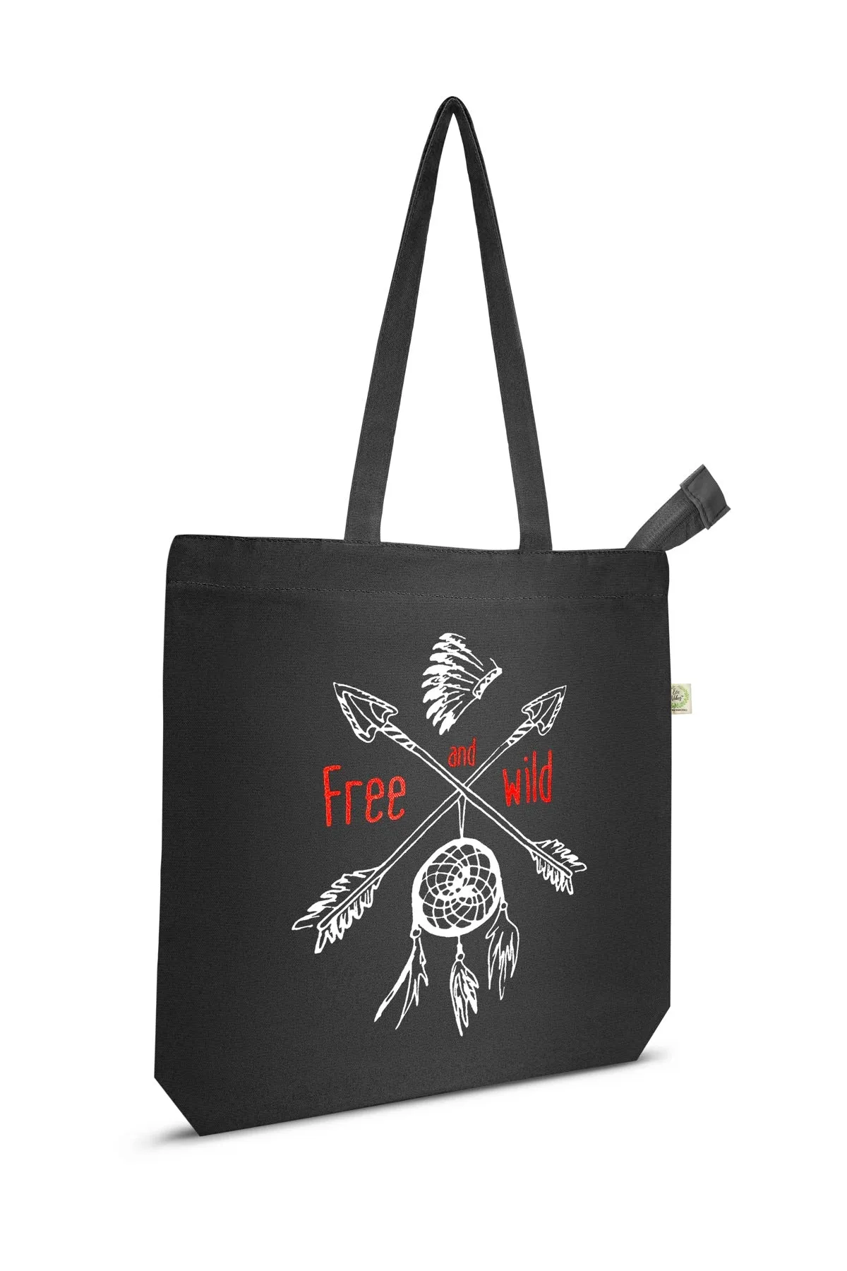 Free and Wild- Premium Cotton Canvas Tote Bag with Zip- Black