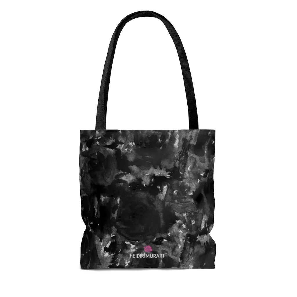 Grey Floral Rose Tote Bag, Flower Print Colorful Square 13"x13", 16"x16", 18"x18" Premium Quality Market Tote Bag - Made in USA