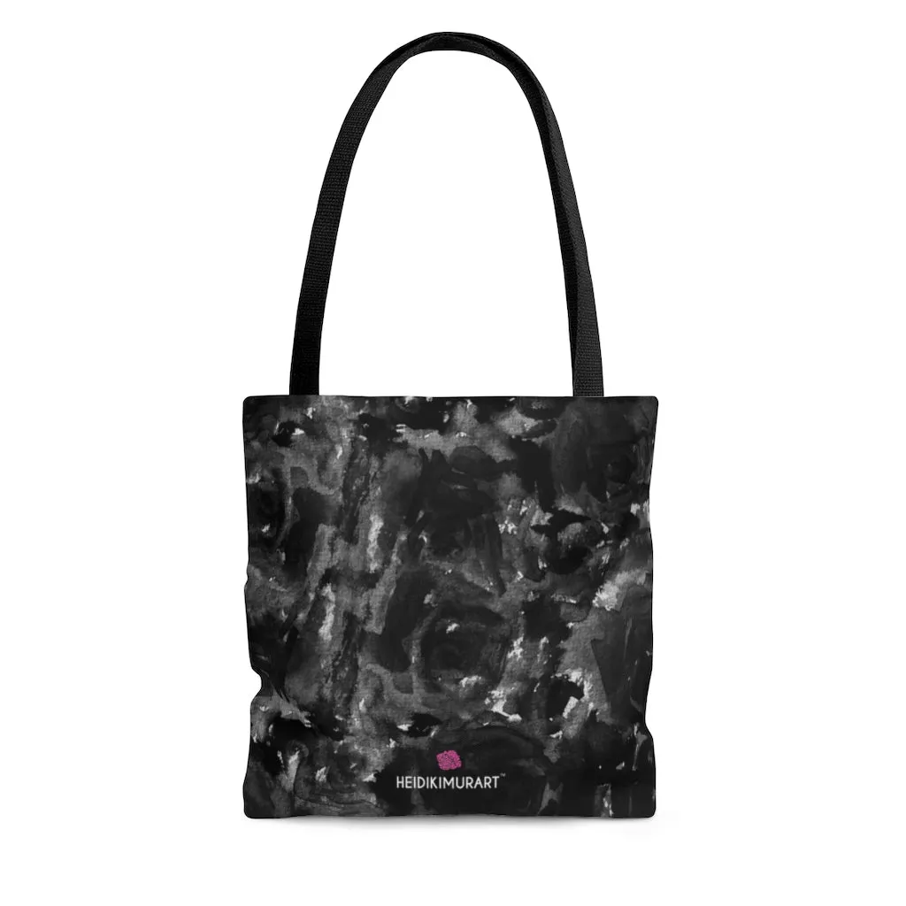 Grey Floral Rose Tote Bag, Flower Print Colorful Square 13"x13", 16"x16", 18"x18" Premium Quality Market Tote Bag - Made in USA