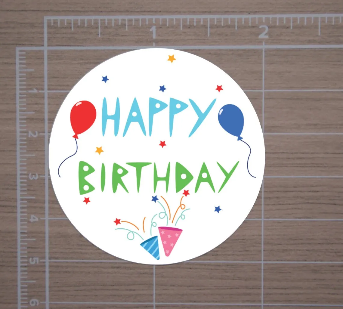 Happy Birthday Round Stickers, Gift Card Envelope Seals, Gift Wrap Stickers,  2" Circle Stickers | Set of 12