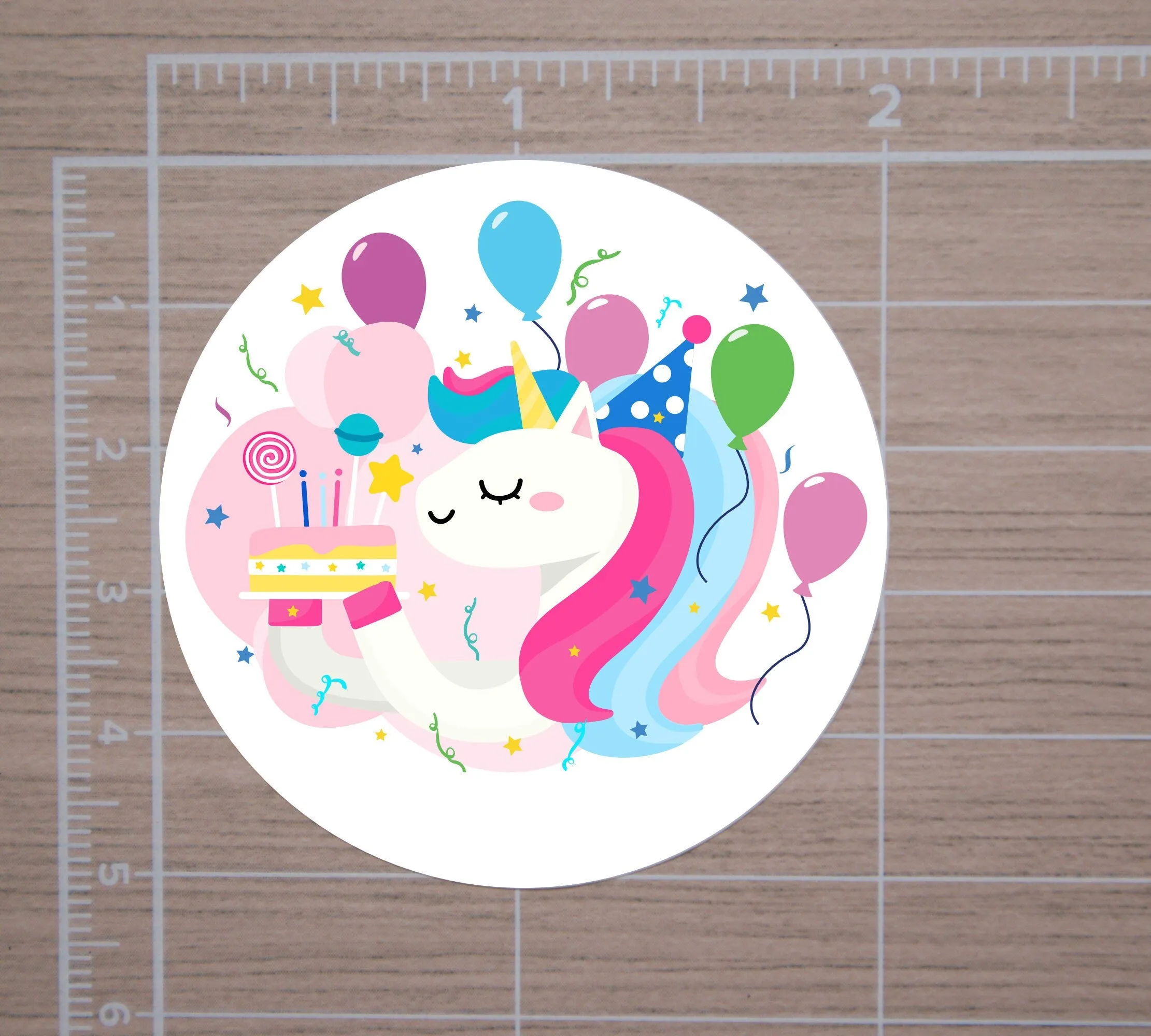 Happy Birthday Unicorn Round Stickers, Gift Card Envelope Seals, Gift Wrap Stickers,  2" Circle Stickers | Set of 12