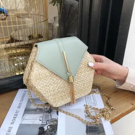 Hexagon Summer Straw Woven Tassel Shoulder Bag