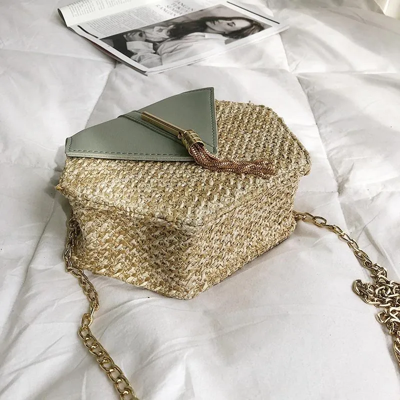 Hexagon Summer Straw Woven Tassel Shoulder Bag