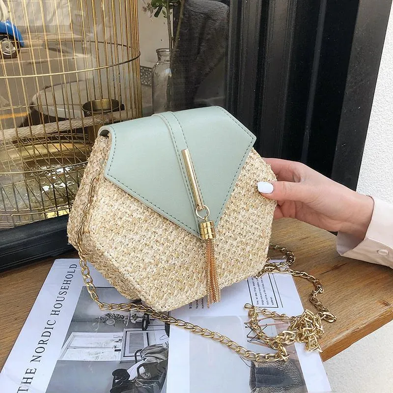 Hexagon Summer Straw Woven Tassel Shoulder Bag
