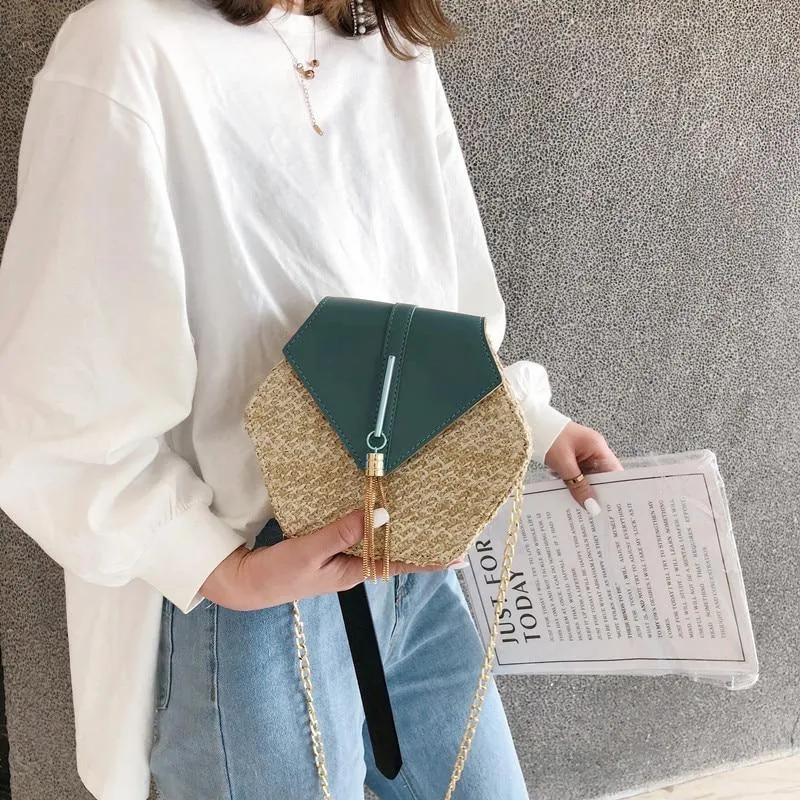 Hexagon Summer Straw Woven Tassel Shoulder Bag
